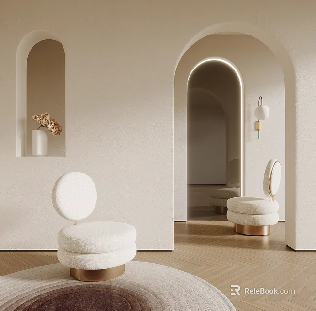 Modern Single Sofa With Round Backrest And Gold Base In Beige Archway Interior 3d model 