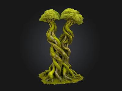 Dual Twisted Trunk Tree With Green Canopies And Lush Root Vegetation 3d model