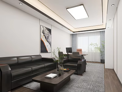Modern Office Interior Design With Black Leather Sofa Coffee Table Books And Wall Painting 3d model