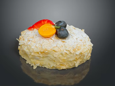 Delicious Coconut Flake Covered Cake Topped With Strawberry Orange Slice And Blueberries 3d model