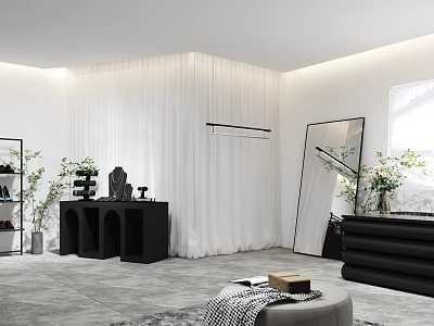 Modern Clothing Store Interior Design With Displays Mirror And Plants 3d model