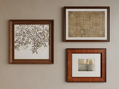 Three Wooden Framed Decorative Wall Arts With Diverse Designs On Beige Wall 3d model