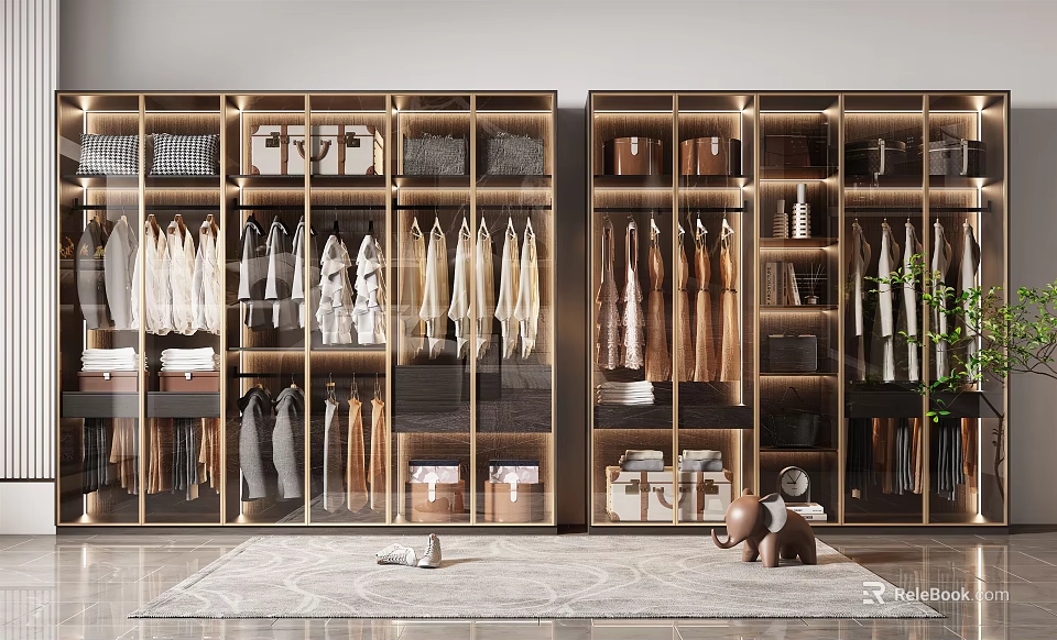 Modern Wardrobe Interior With Glass Doors Metal Frame Organized Clothes And Storage Boxes 3d model 