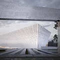 Modern Sales Office Building With Geometric Facade Marble Entrance And Spacious Plaza