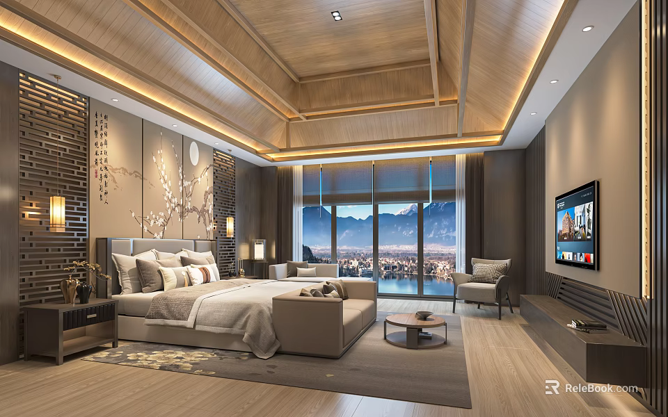 Elegant Hotel Guest Room With Wooden Ceiling Bed Sofa TV And Mountain View 3d model 