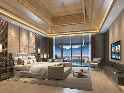 Elegant Hotel Guest Room With Wooden Ceiling Bed Sofa TV And Mountain View 3d model