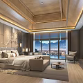 Elegant Hotel Guest Room With Wooden Ceiling Bed Sofa TV And Mountain View