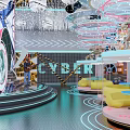 Futuristic Cybercafe Interior With Tech Inspired Design Comfortable Seats And Neon Lights
