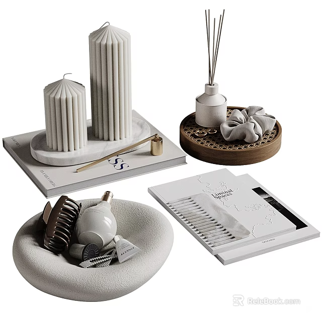 Ceramic Cylindrical Candle Diffuser Woven Tray Decorative Ornament Set With Bowl 3d model 