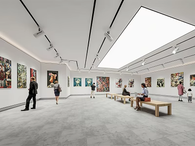 Modern Exhibition Hall With Art Paintings On Walls Skylight Visitors And Benches 3d model