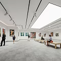 Modern Exhibition Hall With Art Paintings On Walls Skylight Visitors And Benches