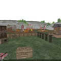 Outdoor Children's Playground Space With Green Hills Wooden Cabin And Straw Bales