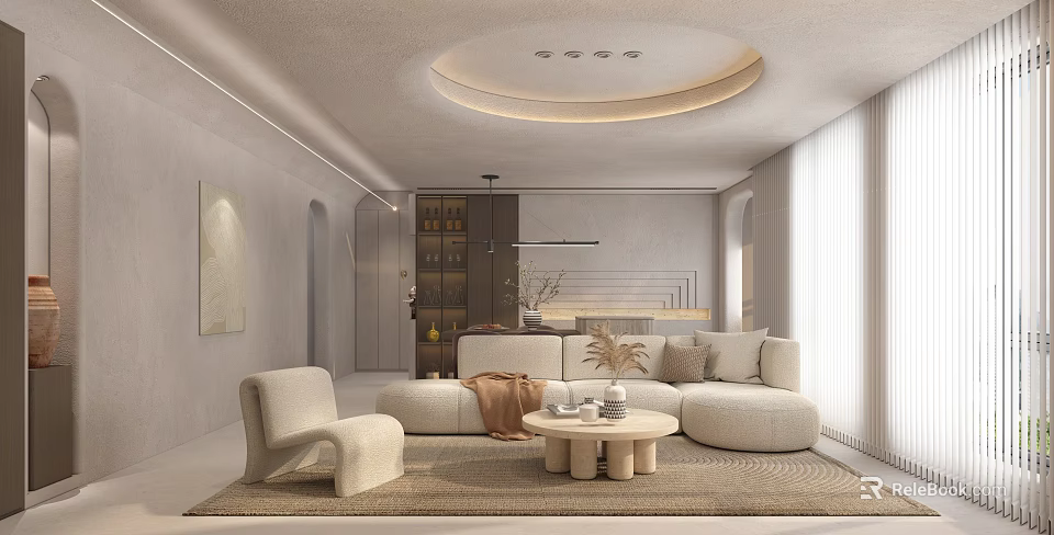Modern Living Dining Room Interior With Beige Sofa Coffee Table Area Rug And Wall Art 3d model 
