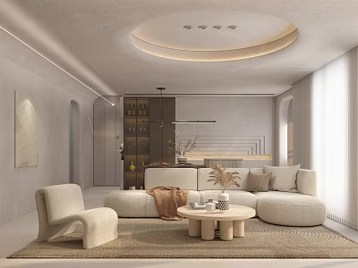 Modern Living Dining Room Interior With Beige Sofa Coffee Table Area Rug And Wall Art 3d model