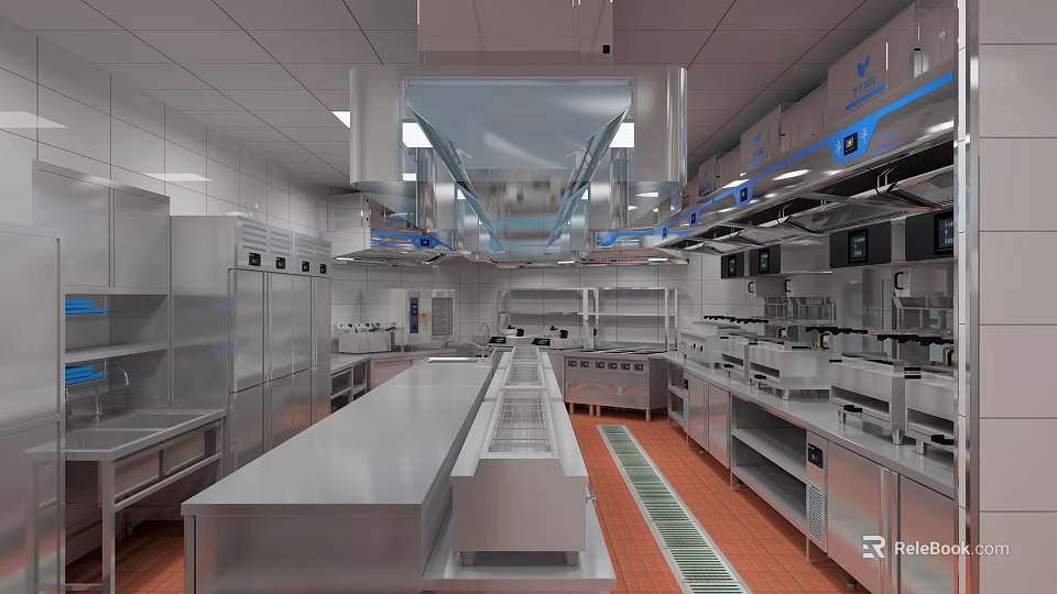 Stainless Steel Commercial Kitchen Equipment With Worktables Refrigerators And Ventilation System 3d model 