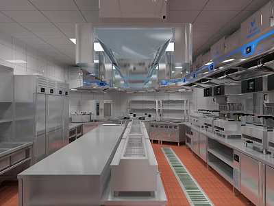 Stainless Steel Commercial Kitchen Equipment With Worktables Refrigerators And Ventilation System 3d model