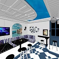 Stylish KTV Room Interior With Blue White Ceiling Striped Sofas And TV Screens