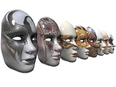 Venetian Masks With Diverse Ornate Patterns Arranged In A Row 3d model