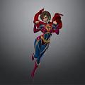 Female Superhero Character In Blue Red Costume With Red Cape And Dynamic Pose
