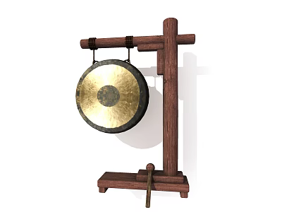 Traditional Brass Musical Gong Instrument with Wooden Stand and Decorative Design 3d model