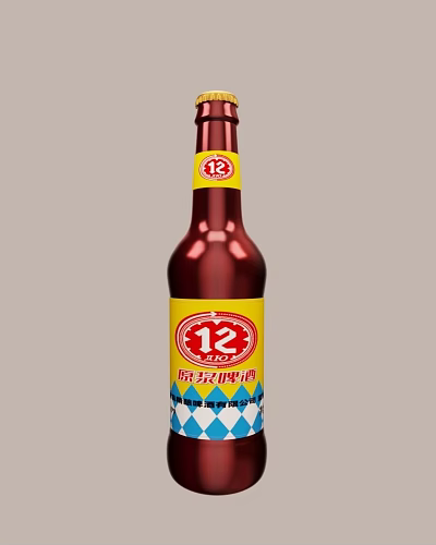 Beer in Dark Red Bottle with Yellow Label 12 Logo and Blue White Checkered Bottom 3d model