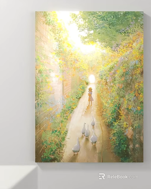 Little Girl In Yellow Dress Walking On Path With Vines Flowers And Geese Under Sunlight 3d model 