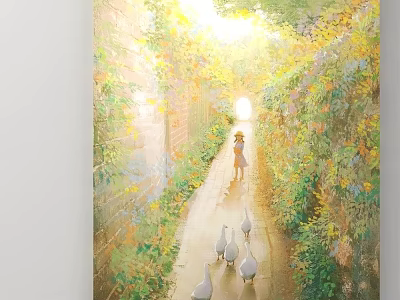 Little Girl In Yellow Dress Walking On Path With Vines Flowers And Geese Under Sunlight 3d model