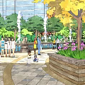 Urban Garden Landscape With Green Trees Display Wall And People Activities High Rise Buildings Background