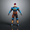3D Sci Fi Game Character With Red Hair Blue Armor And Brown Details