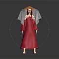 Elegant Game Movie Character In Red Robe With Orange Conical Hat And Transparent Veil
