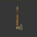 Traditional Decorative Axe With Orange Brown Wooden Handle Carved Patterns And Metal Head