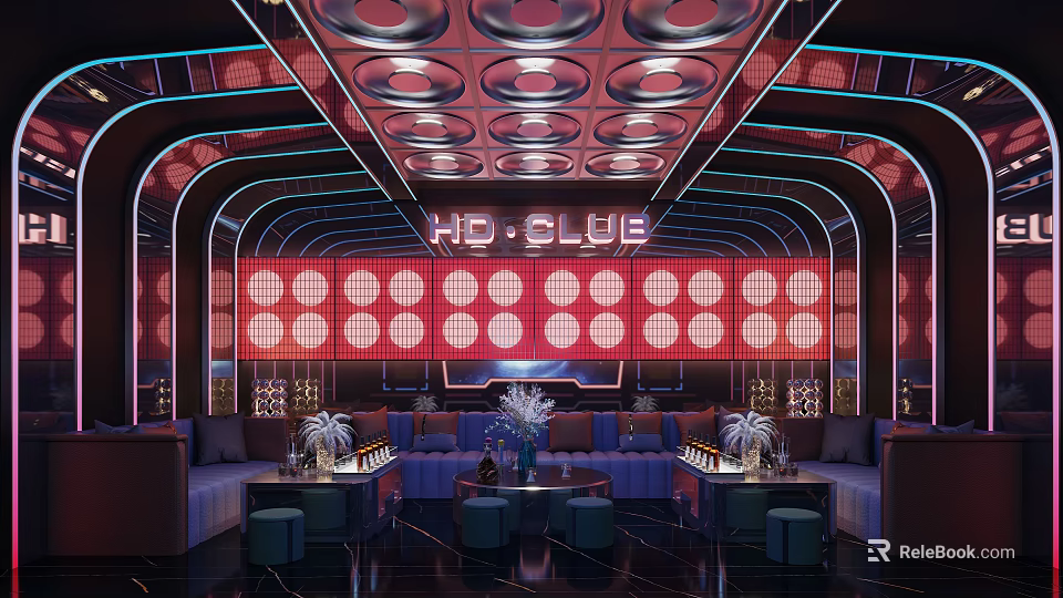 Stylish KTV Interior With Red Purple Lighting Curved Ceiling Circular Decor And Comfortable Sofas 3d model 