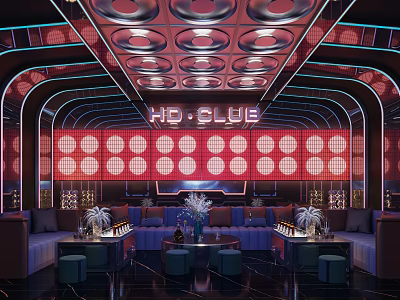 Stylish KTV Interior With Red Purple Lighting Curved Ceiling Circular Decor And Comfortable Sofas 3d model