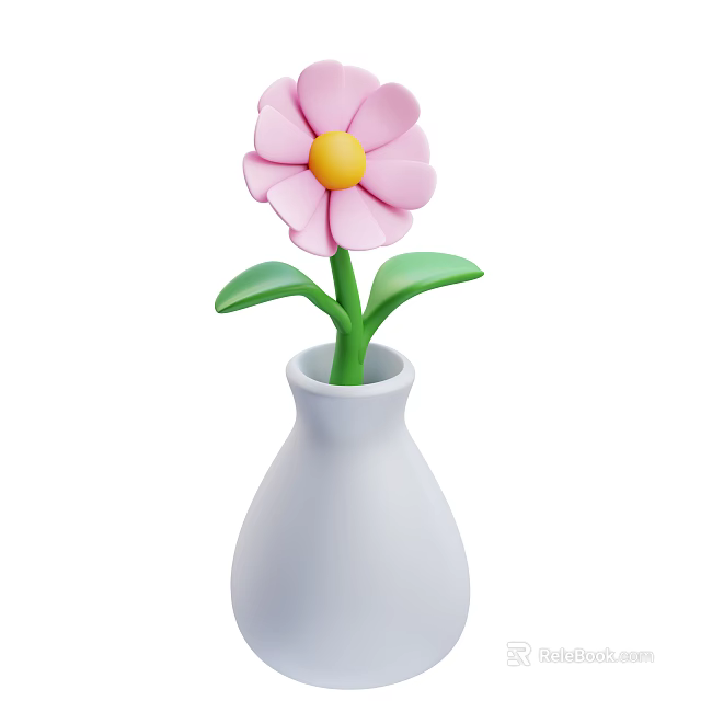 Decorative Ornament Set with White Vase Pink Flower Yellow Stamen and Green Leaves 3d model 