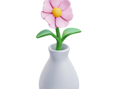 Decorative Ornament Set with White Vase Pink Flower Yellow Stamen and Green Leaves 3d model