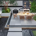 Modern Outdoor Garden With Wooden Deck Rattan Sofa Dining Set Water Feature And Green Trees