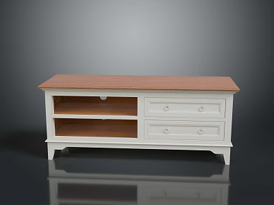 White TV Stand Featuring Brown Top Two Drawers And Open Shelves 3d model
