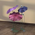 Floral Installation Purple Blue Pink Lotus Leaf Shaped Decor Green Stems Base On Wooden Floor