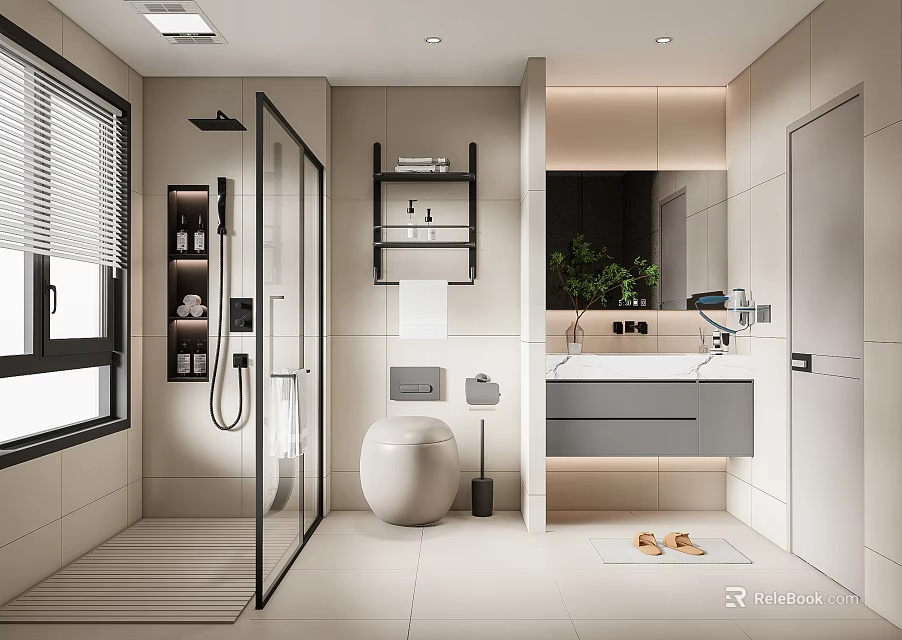 Modern Bathroom Interior With Shower Area Toilet Vanity Mirror Shelf And Green Plant 3d model 