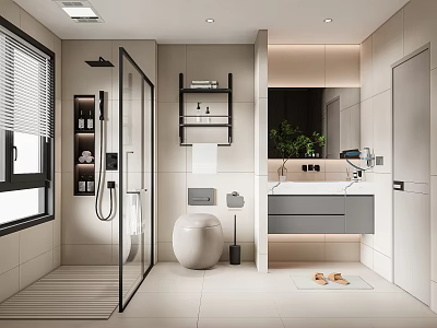 Modern Bathroom Interior With Shower Area Toilet Vanity Mirror Shelf And Green Plant 3d model