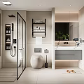 Modern Bathroom Interior With Shower Area Toilet Vanity Mirror Shelf And Green Plant