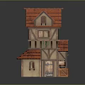 Two Story Traditional Wooden House Exterior with Red Roof and Wooden Barrel Crate