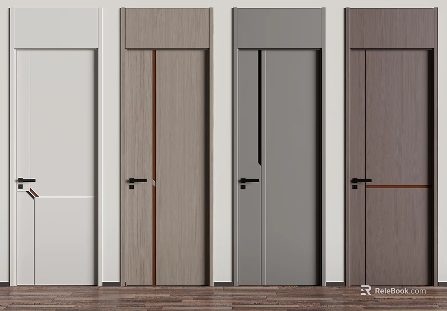 Modern Interior Hinged Doors In White Light Wood Dark Gray And Dark Wood Styles 3d model 
