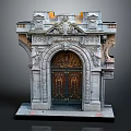 Intricate Architectural Stone Doorway With Ornate Carvings Decorative Top And Brass Details