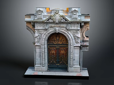 Intricate Architectural Stone Doorway With Ornate Carvings Decorative Top And Brass Details 3d model
