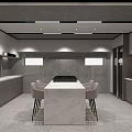 Modern Restaurant Interior With Dining Table Chairs Decorative Wall And Display Cabinets