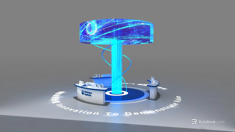 Modern Exhibition Island With Blue Curved Display Screen And Innovation Demonstration Platform 3d model 