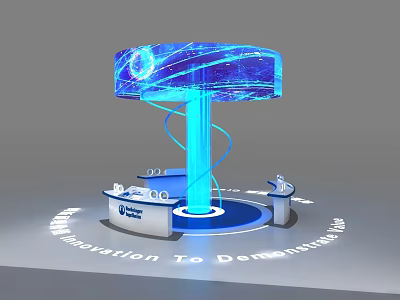 Modern Exhibition Island With Blue Curved Display Screen And Innovation Demonstration Platform 3d model