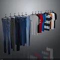 Row of Hanging Clothing Featuring Jeans and Various Colored T-shirts