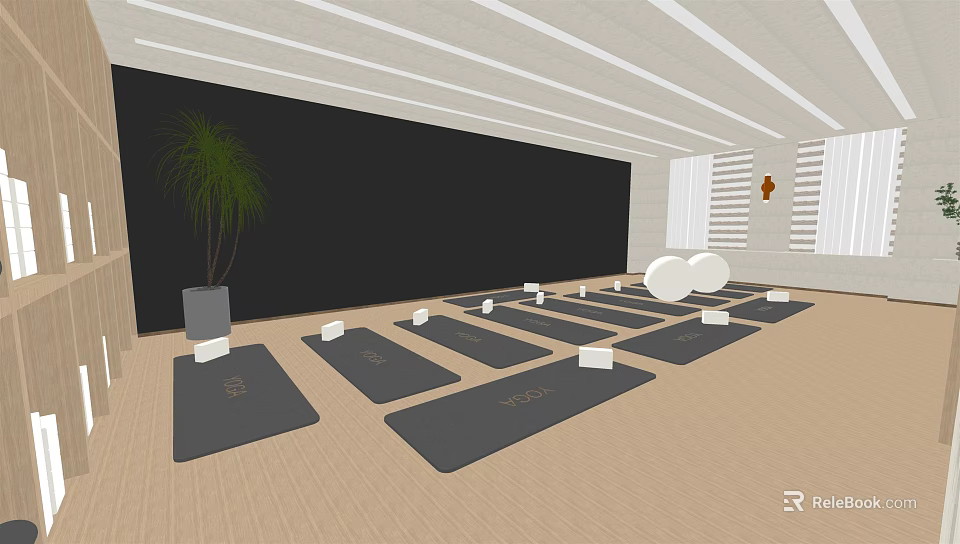 Indoor Yoga Studio With Aligned Yoga Mats White Blocks And Fitness Balls 3d model 